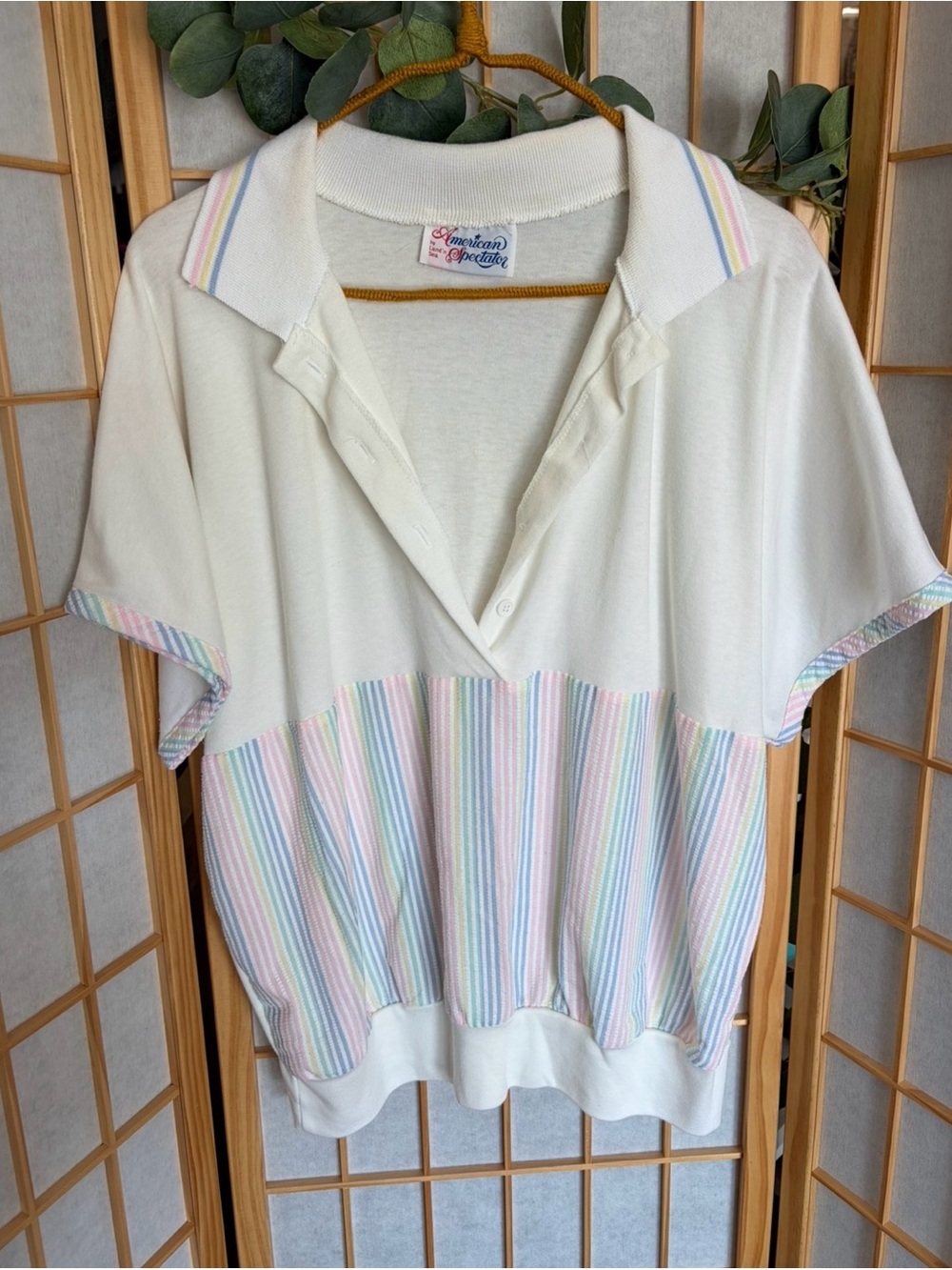 Cream Short-Sleeve Polo with Pastel Stripes